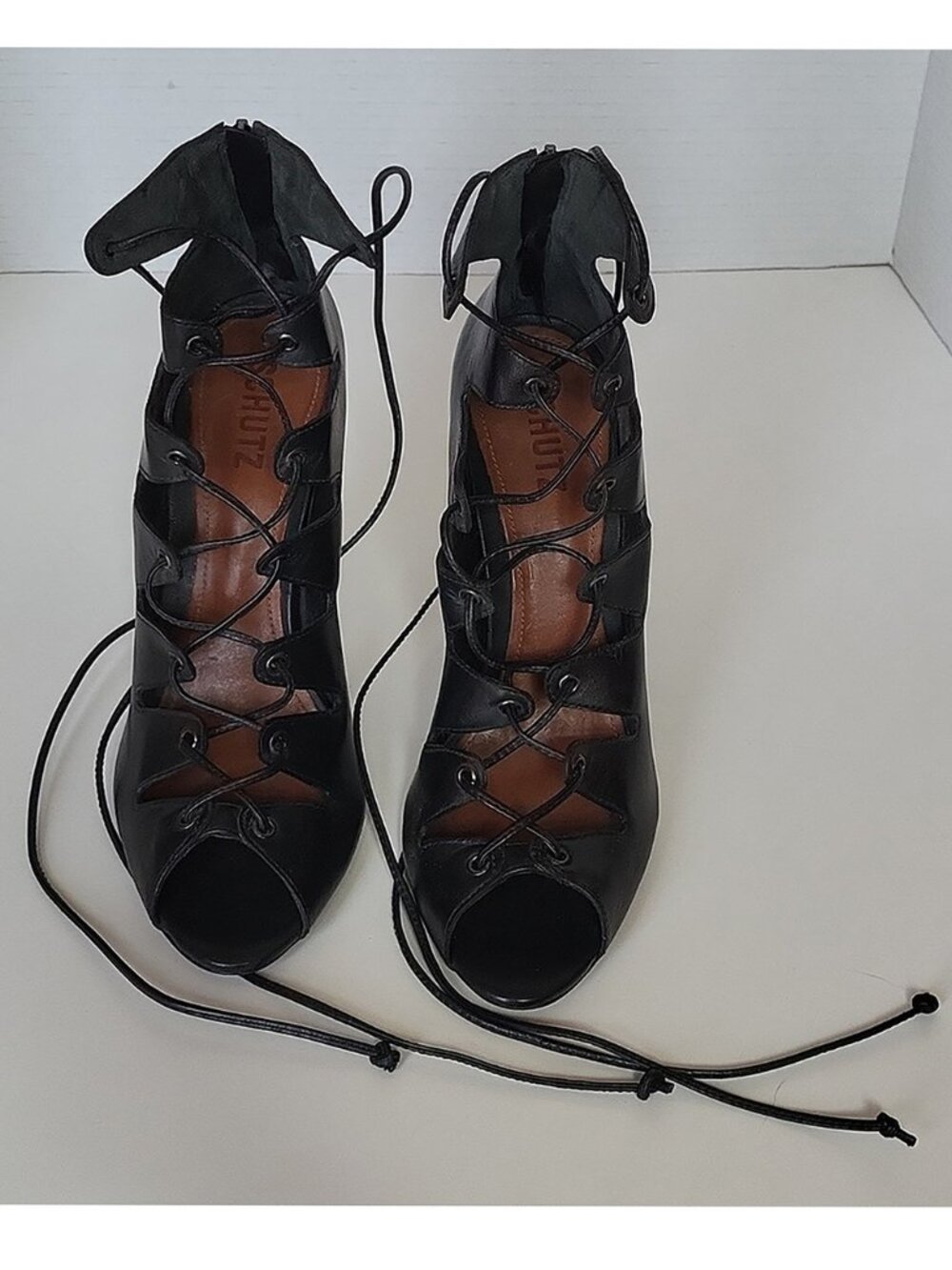 SCHUTZ Black Leather Lace-Up Stiletto Heels Size 10B ✤